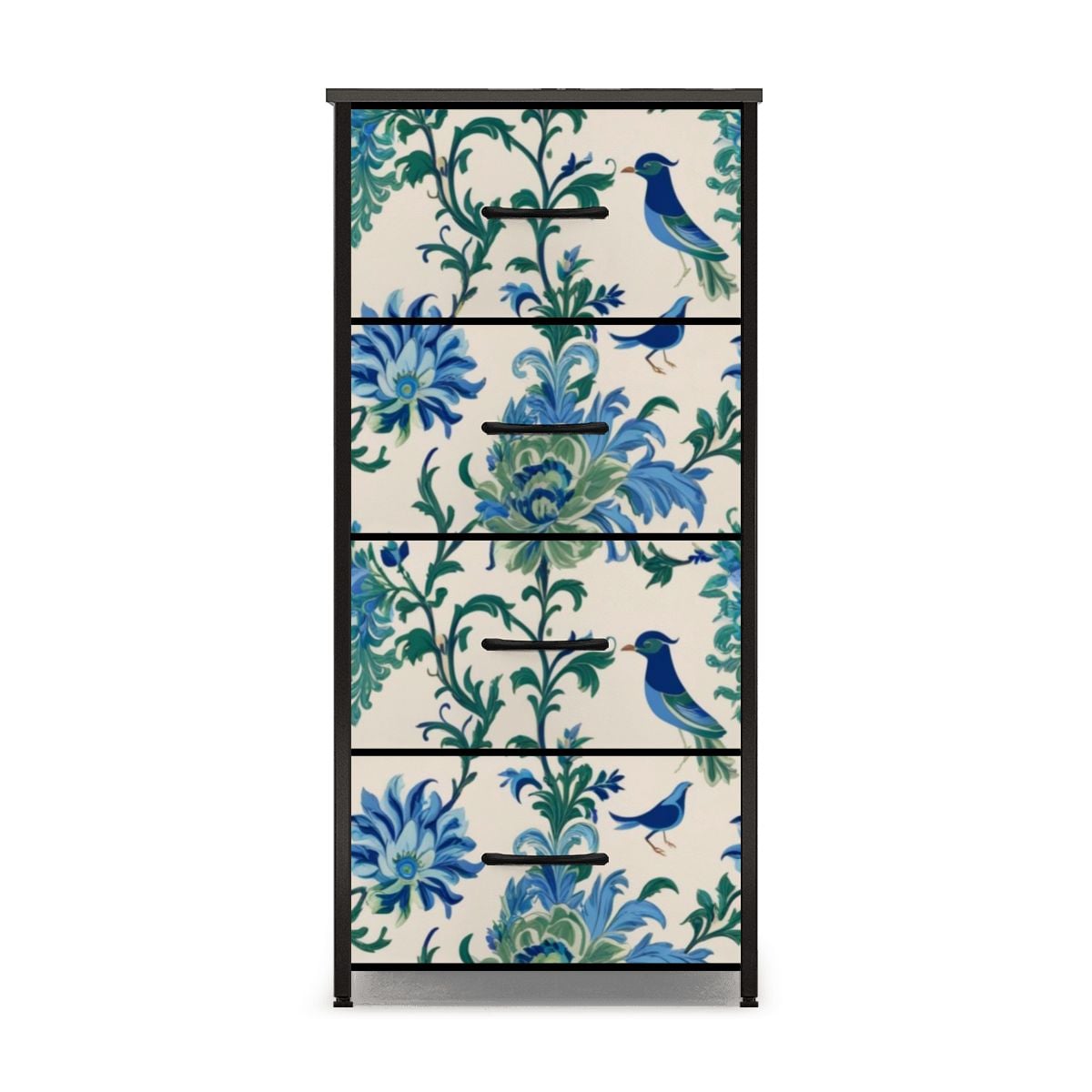Chinoiserie Botanical Garden Birds, Blue, Green Asian Inspired Modern 4-Drawer Dresser - Mid Century Modern Gal