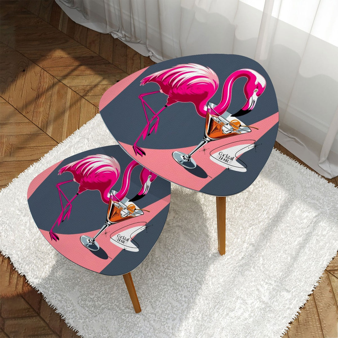 Mid Century Modern Flamingo Nesting Tables, Cocktail Tables, Mid Century Modern Barware Triangle Coffee Table Set of 2 - Mid Century Modern Gal