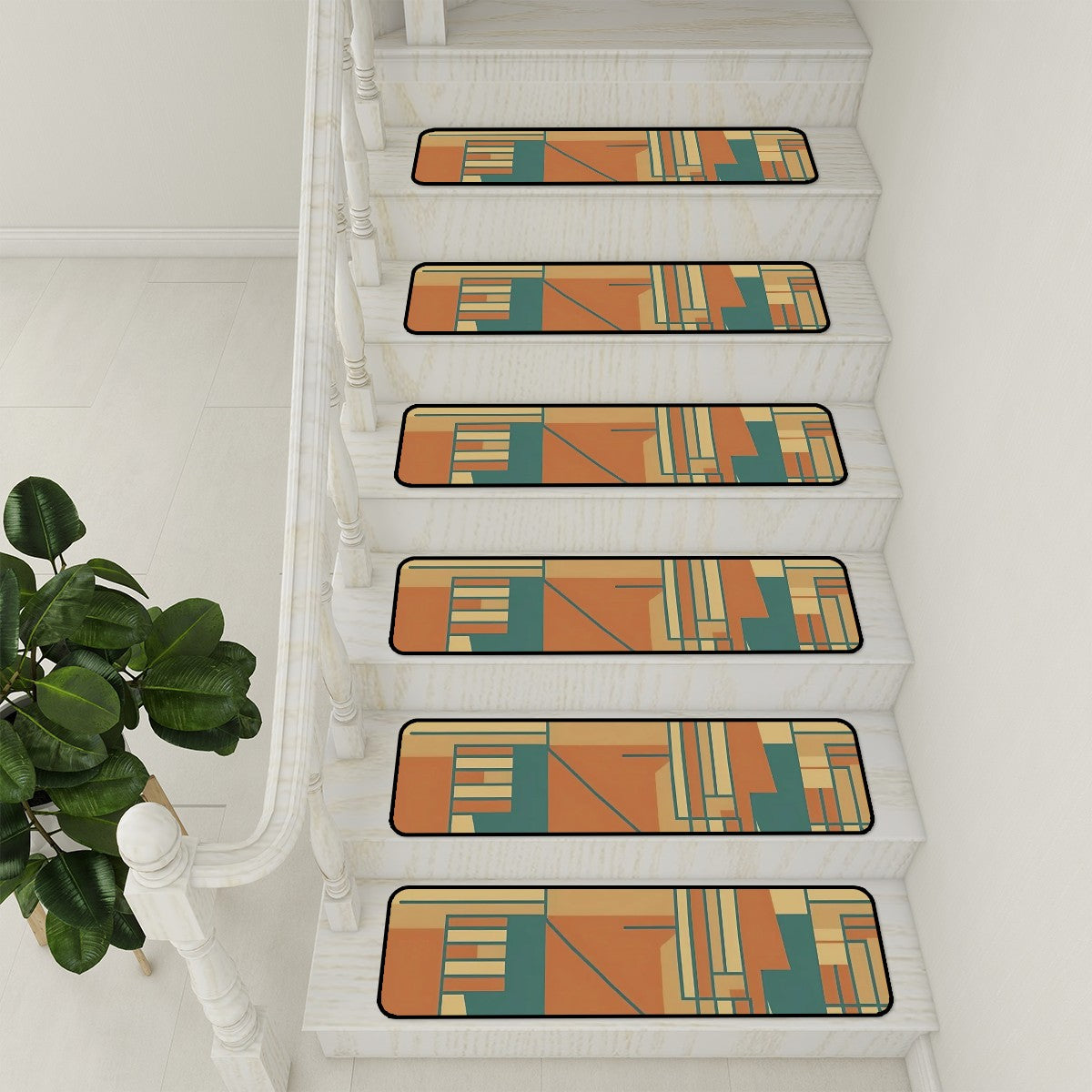 Mid Century Modern Bauhaus Designed Camel Brown Orange Teal Non Slip Carpet for Stairs Treads - Mid Century Modern Gal