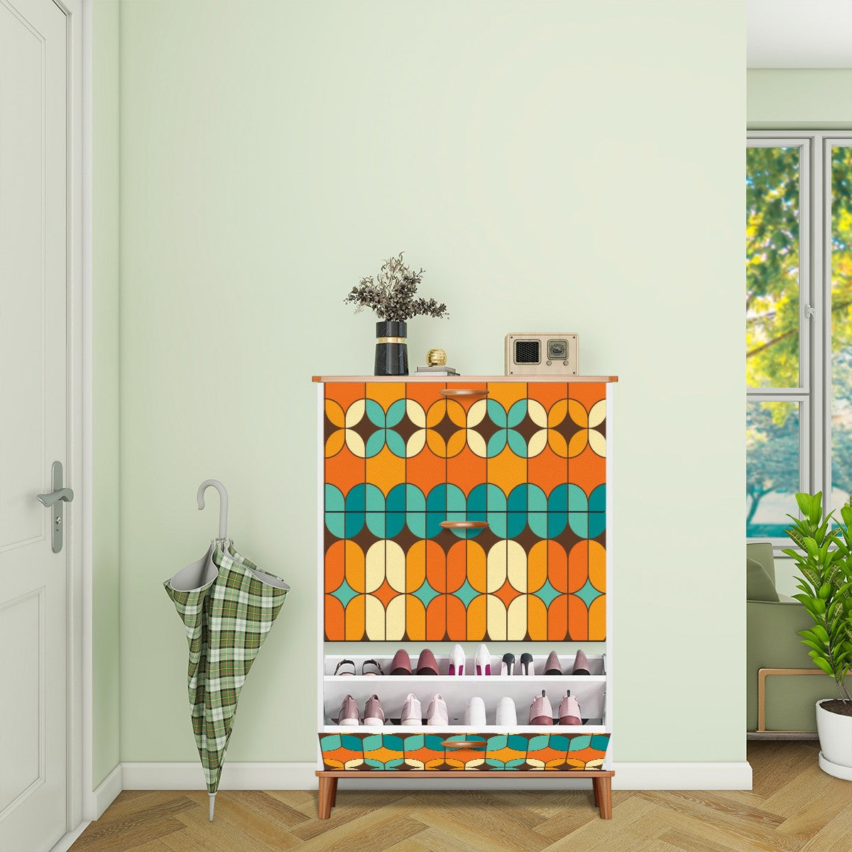 Mid Century Modern Shoe Cabinet, Shoe Storage, Bold Orange And