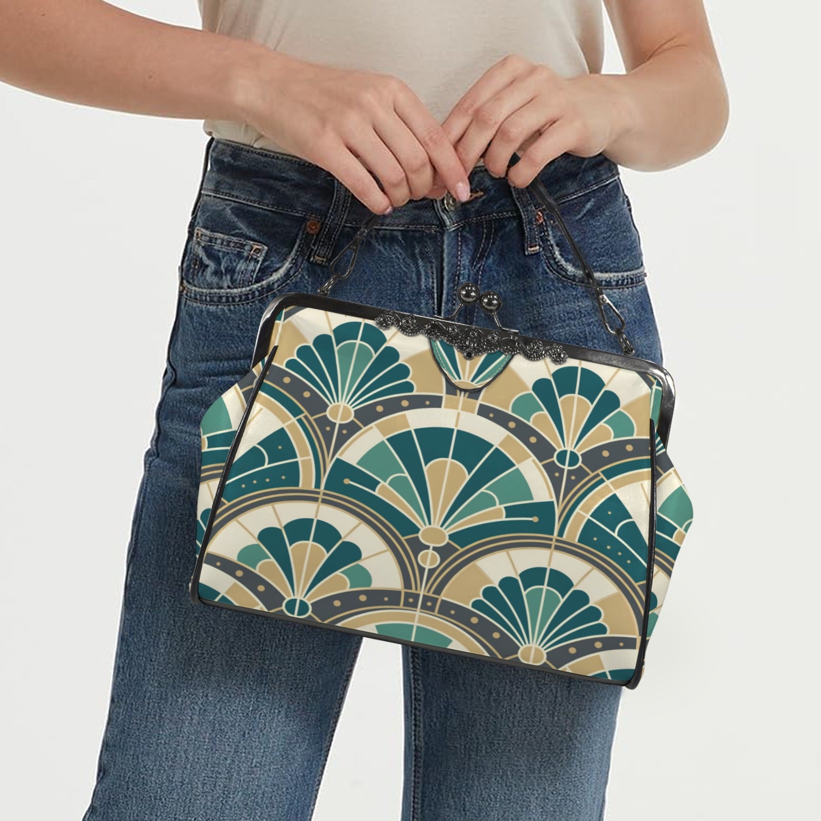 Art Deco Peacock Inspired Kisslock Crossbody Purse - Mid Century Modern Gal
