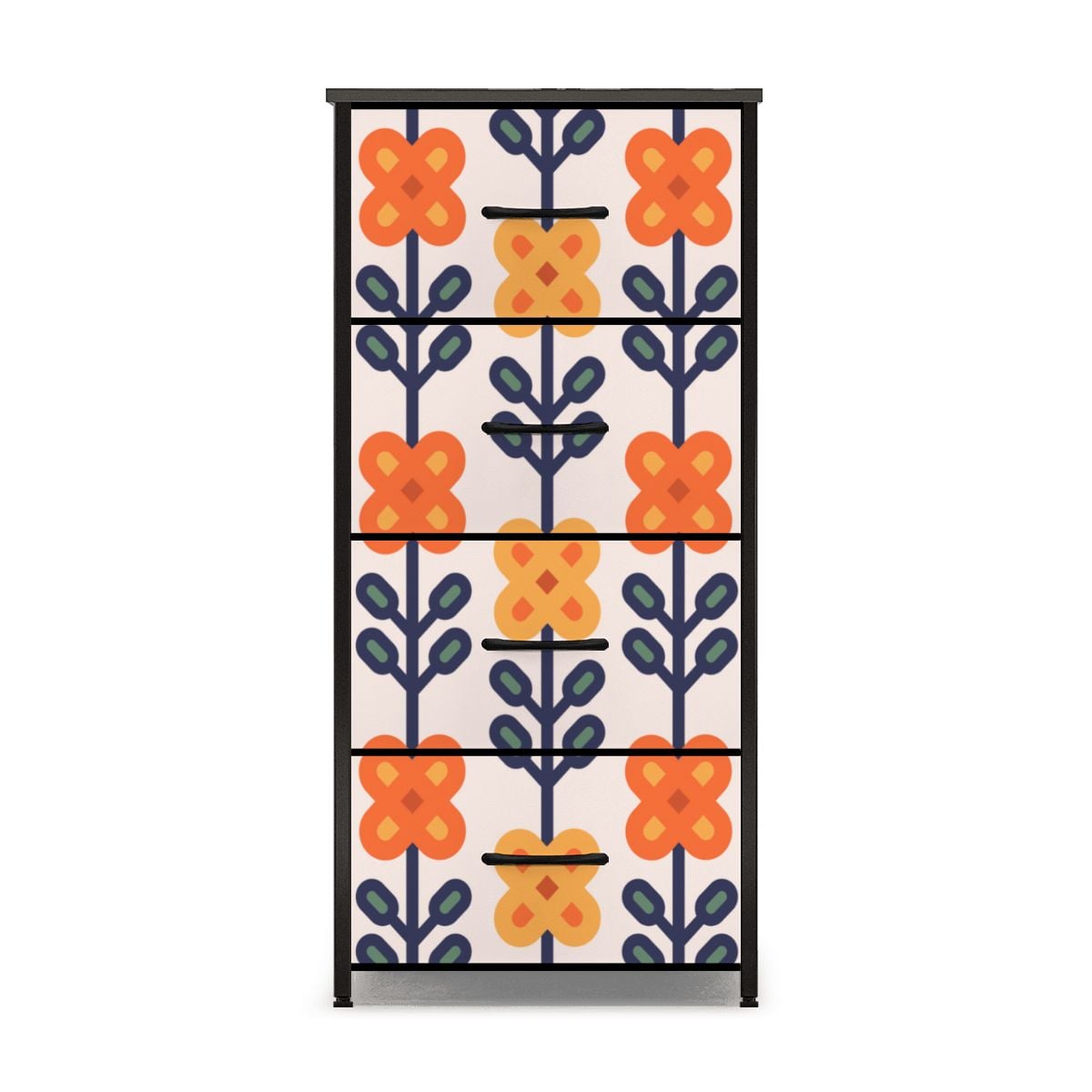 Scandinavian Mid Mod Floral Orange Yellow Blue 4-Drawer Dresser - Mid Century Modern Gal