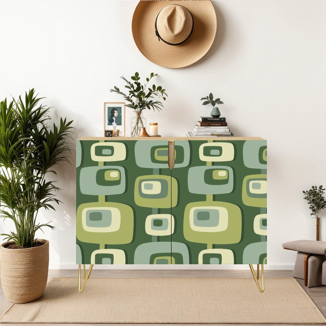 Mid Century Modern Geometric Green Mid Mod Retro Wooden Storage Cabinet - Mid Century Modern Gal