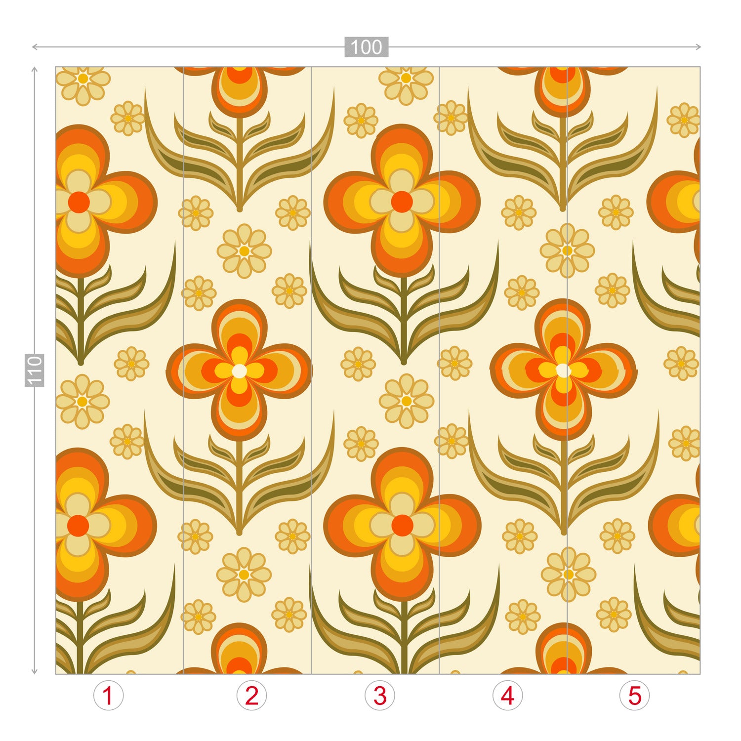 Flower Power, Scandinavian Floral Wallpaper, Peel And Stick Orange, Yellow Green Wall Mural