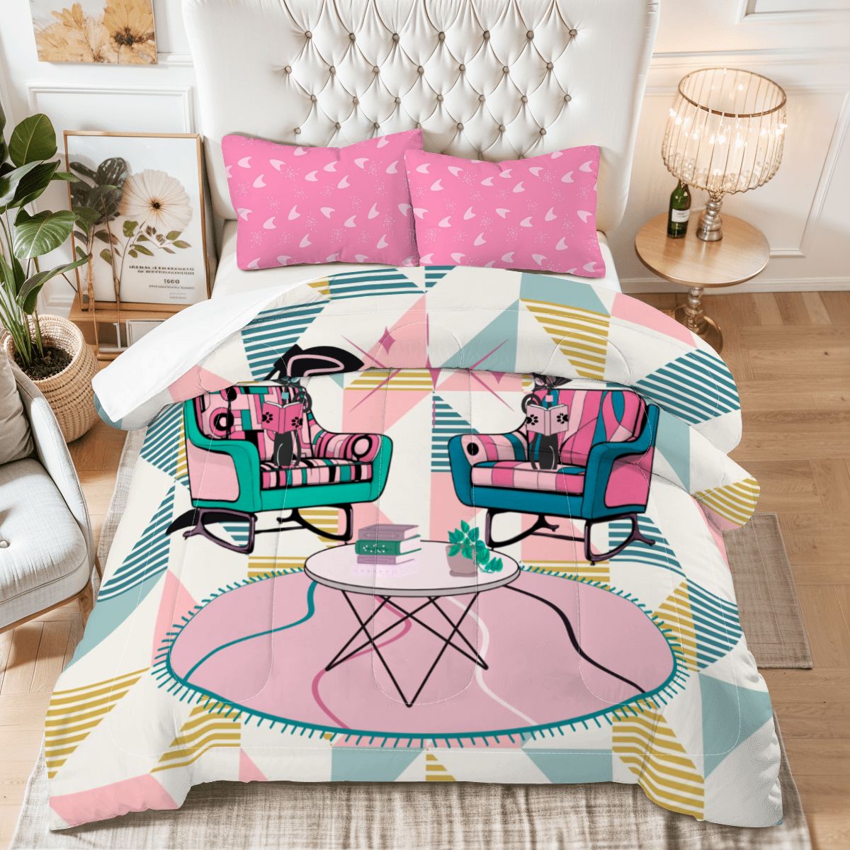 Kitschy Reading Cats Atomic Mid Century Modern King Comforter Set - Mid Century Modern Gal