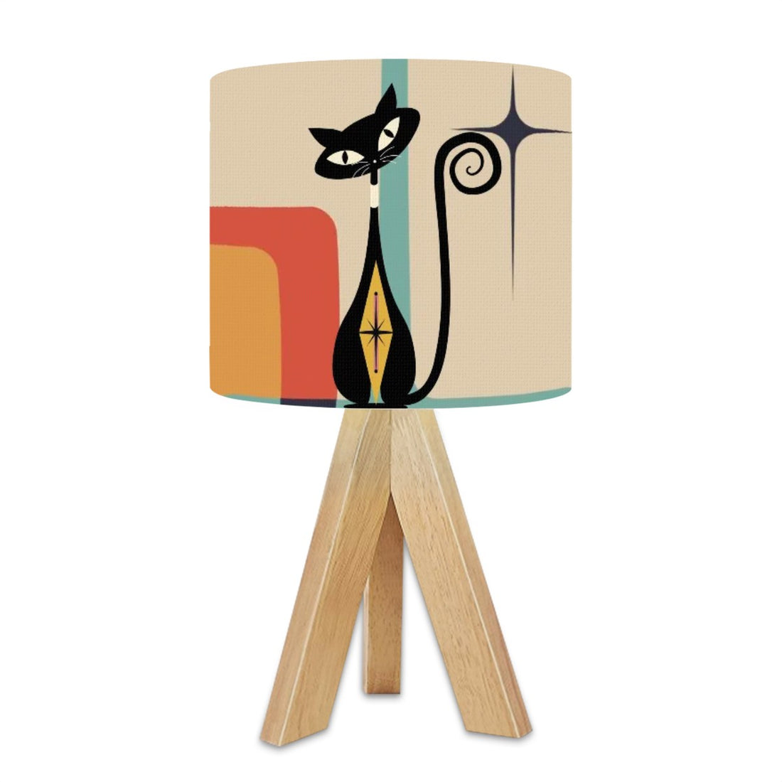 Atomic Cat, Wooden Tripod Table Lamp With Kitschy Geometric Design - Mid Century Modern Gal