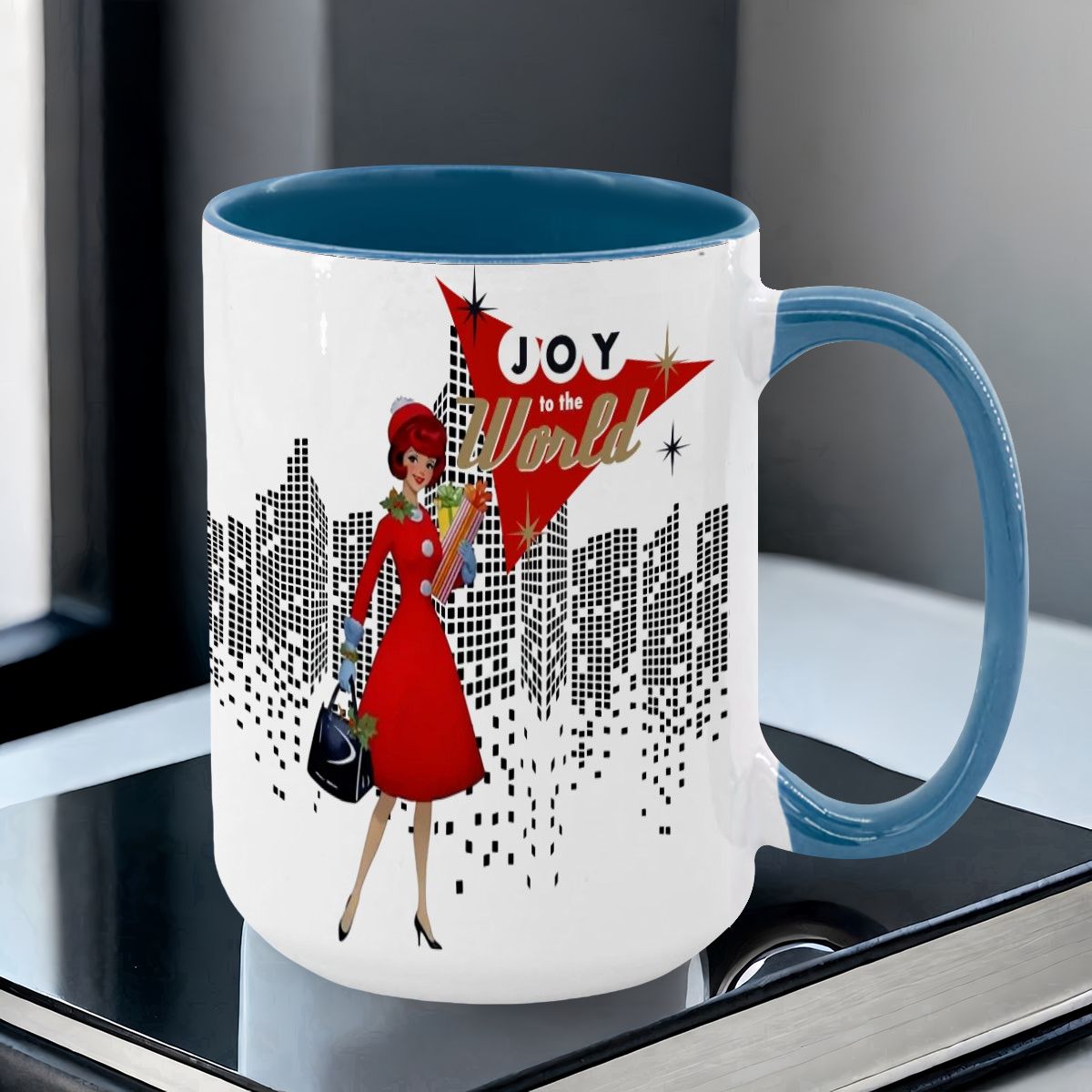 Mid Century Modern Christmas Joy To The World Mod Gal Cityscape Holiday Mug