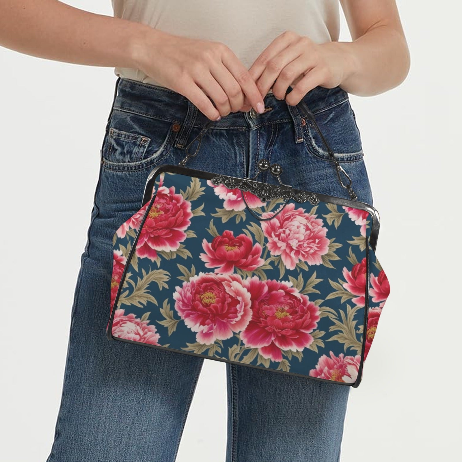 Modern Chinoiserie Royal Blue, Pink Red Floral Kisslock Crossbody Purse - Mid Century Modern Gal
