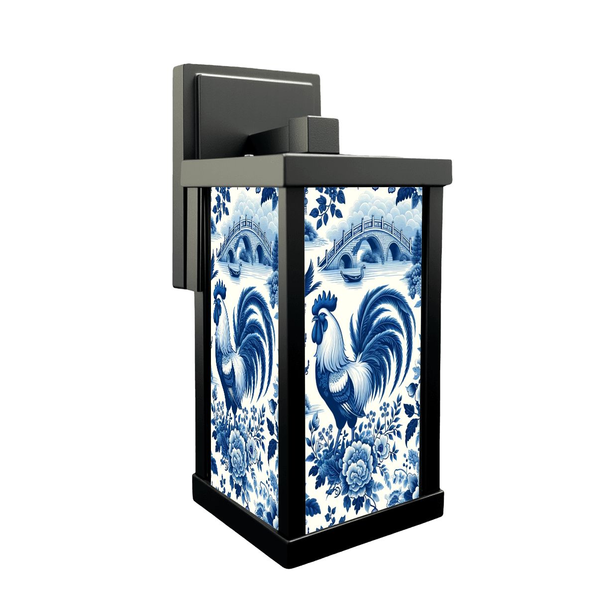 Chinoiserie Rooster Blue Toile Floral Modern Bathroom Wall Sconces, Entry Way, Patio Wall Light - Mid Century Modern Gal