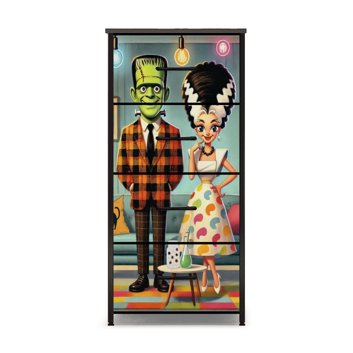 Frankenstein and Bride Of Mid Century Modern Kitschy Retro 4-Drawer Dresser - Mid Century Modern Gal