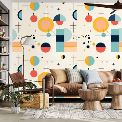 Mid Century Modern Bauhaus Designed, Geometric Yellow, Orange, Aqua MCM Peel And Stick Wall Murals