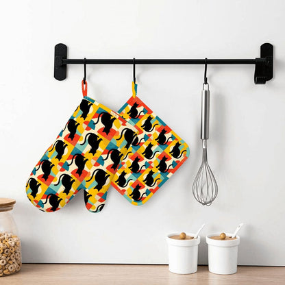 Pop Art Black Atomic Cats, Red Blue Yellow, Silicone Oven Mitts and Pot Holders Sets (Right Hand) - Mid Century Modern Gal