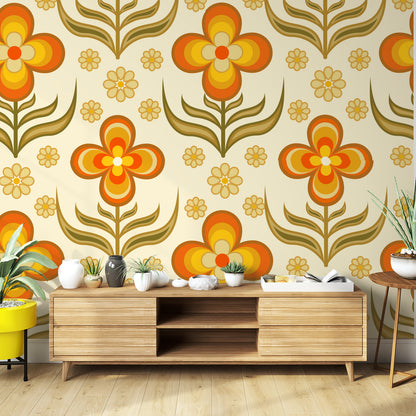 Flower Power, Scandinavian Floral Wallpaper, Peel And Stick Orange, Yellow Green Wall Mural