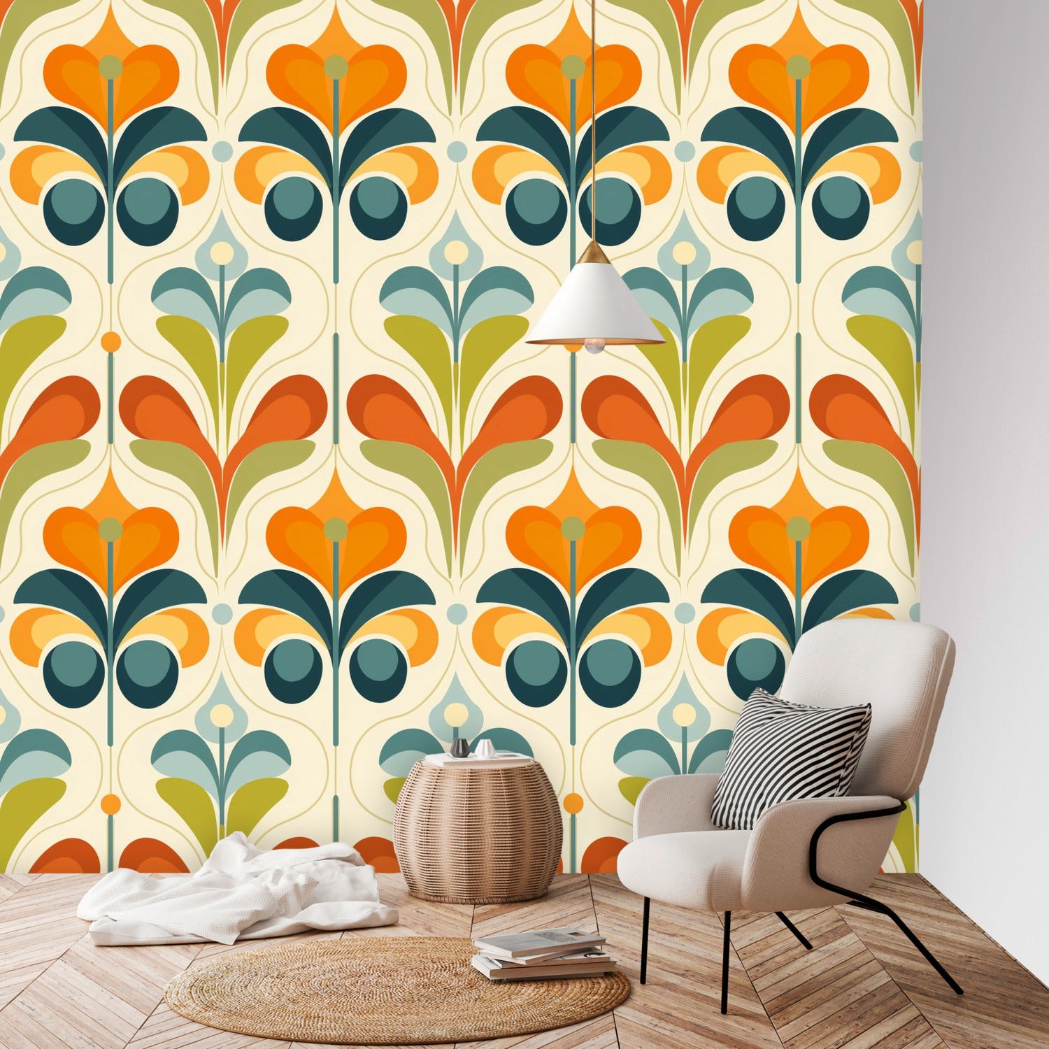 Scandinavian Floral Orange Blue, Green, Mid Mod Peel And Stick Wall Murals - Mid Century Modern Gal