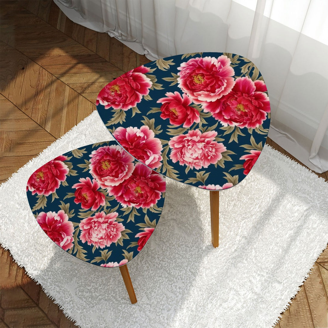 Modern Chinoisierie Royal Blue, Pink Red Floral Nesting Tables - Mid Century Modern Gal