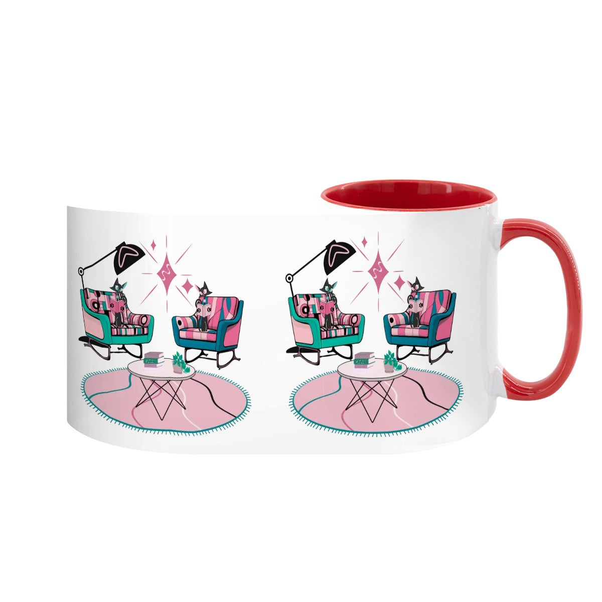 Atomic Reading Cats, Kitschy Mid Century Modern Large Colorful Mug (15oz) - Mid Century Modern Gal