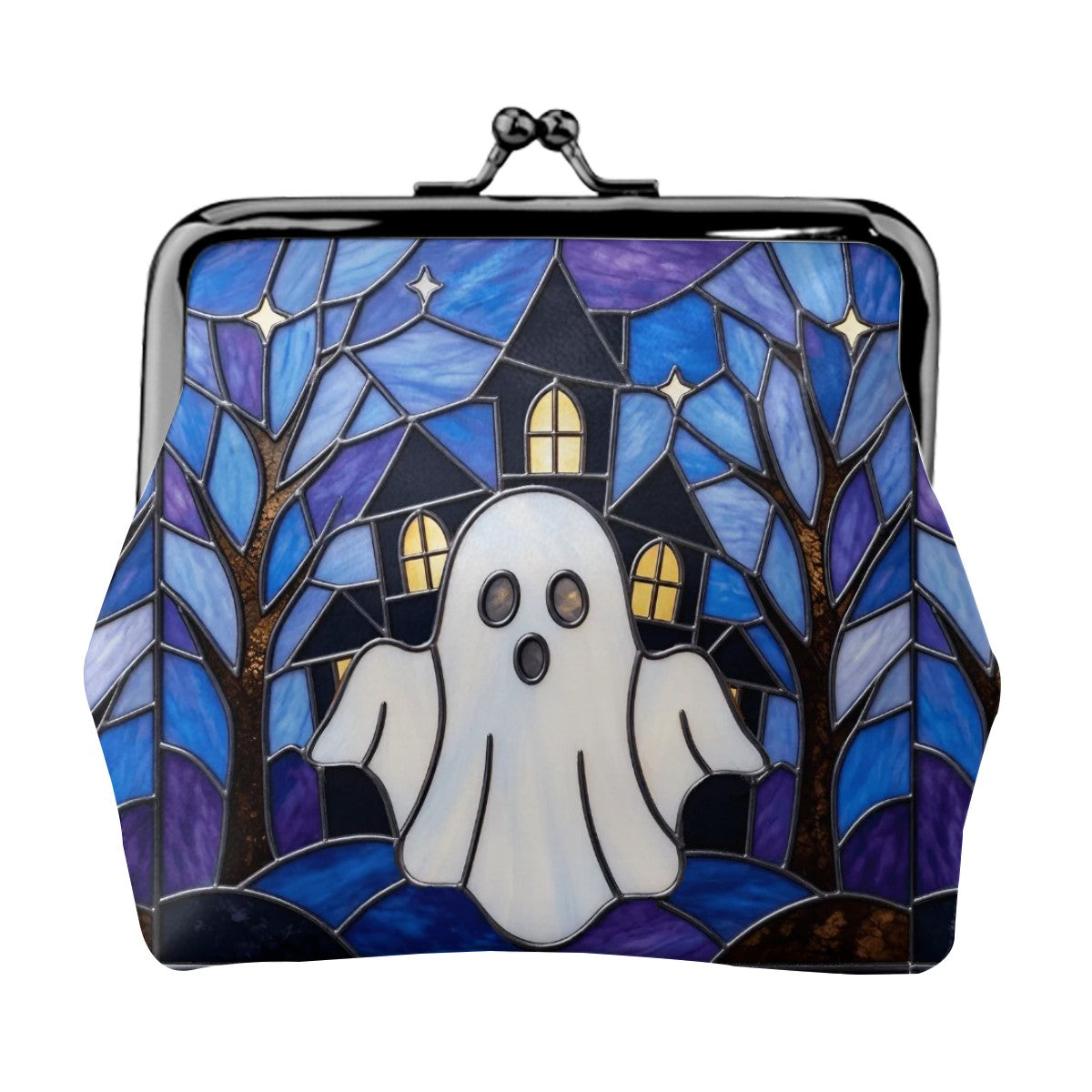 Halloween Stained Glass Style Ghost Haunted House Coin Purse