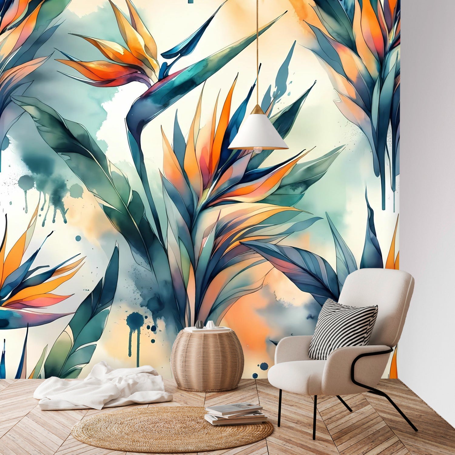 Birds Of Paradise Tropical Polynesian Watercolor Wall Murals - Mid Century Modern Gal