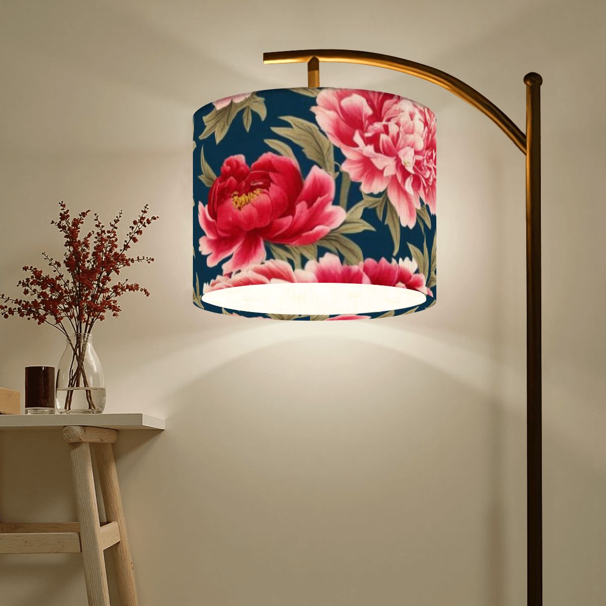 Chinoiserie Royal Blue Pink, Red Roses And Peony Floral Modern Lamp SHADE ONLY - For Arc Floor Lamps Only - Mid Century Modern Gal