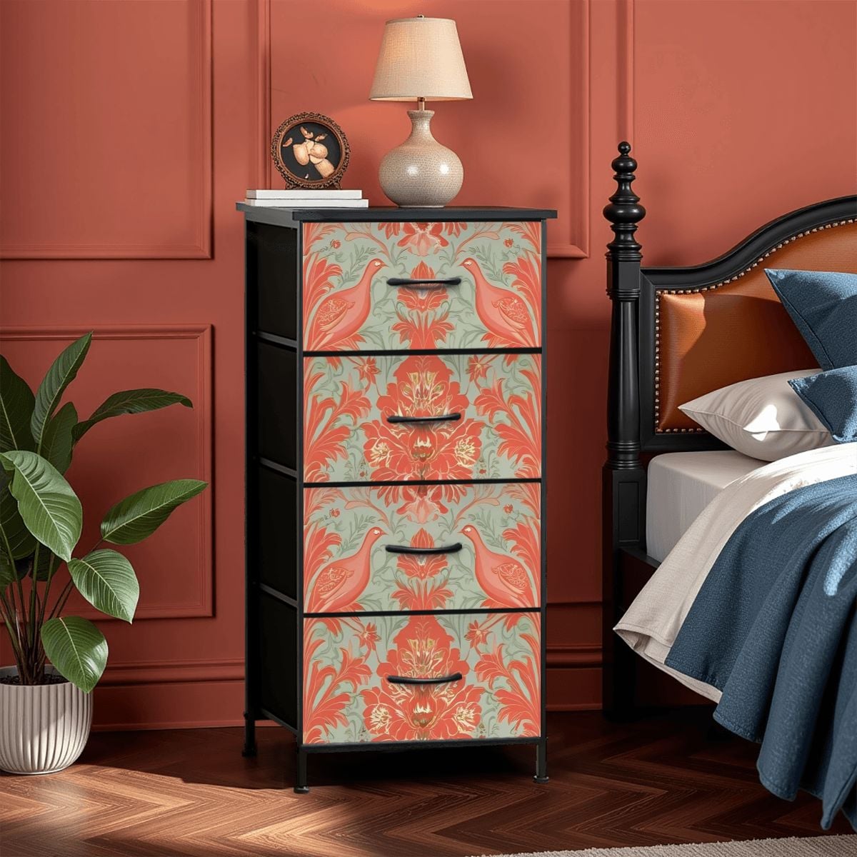 Chinoiserie Coral, Green Floral Botanicals Exotic Bird 4-Drawer Dresser - Mid Century Modern Gal