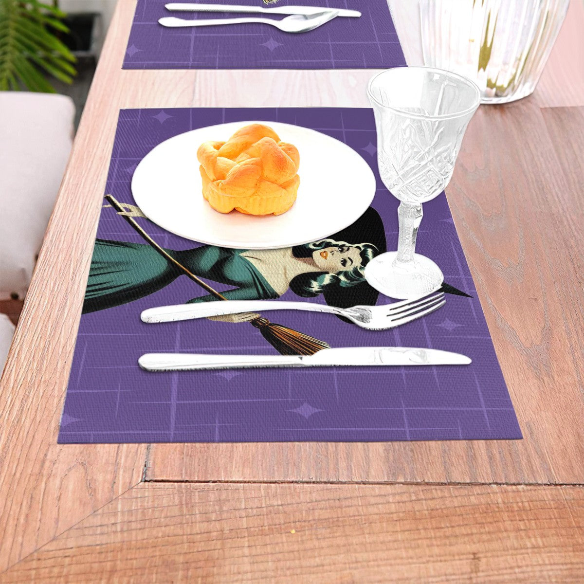 Mid Century Modern Vintage Pin Up Witch Purple Teal Halloween Placemat 1pc - Mid Century Modern Gal