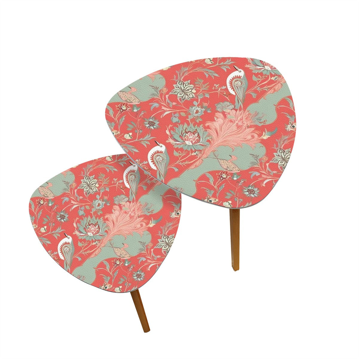 Chinoiserie Modern Nesting Tables, Floral Design In Coral And Mint Green - Mid Century Modern Gal