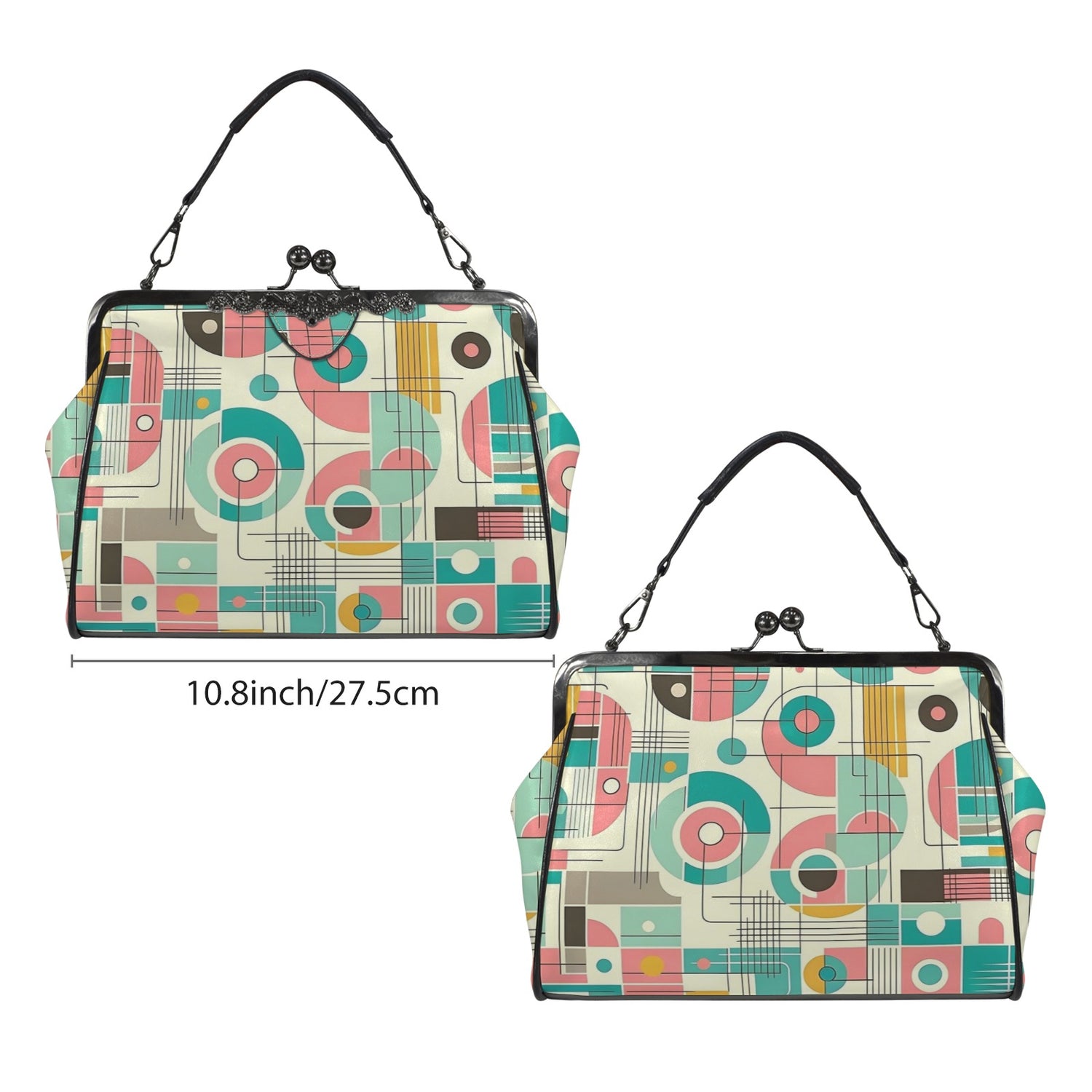 Mid Century Modern Bauhaus Designed Pink, Teal, Yellow Kisslock Crossbody Purse - Mid Century Modern Gal