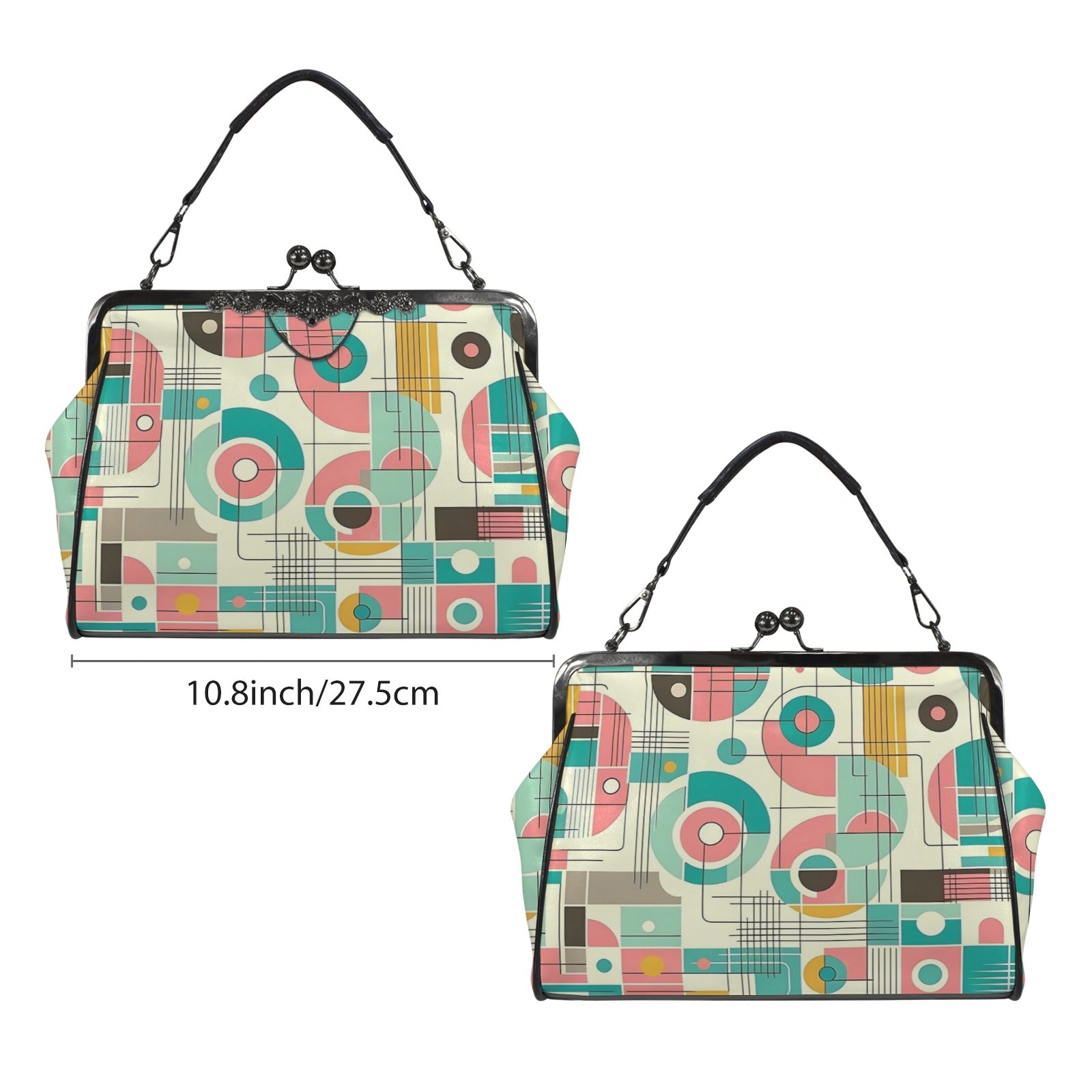 Mid Century Modern Bauhaus Designed Pink, Teal, Yellow Kisslock Crossbody Purse - Mid Century Modern Gal