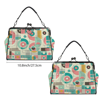 Mid Century Modern Bauhaus Designed Pink, Teal, Yellow Kisslock Crossbody Purse - Mid Century Modern Gal