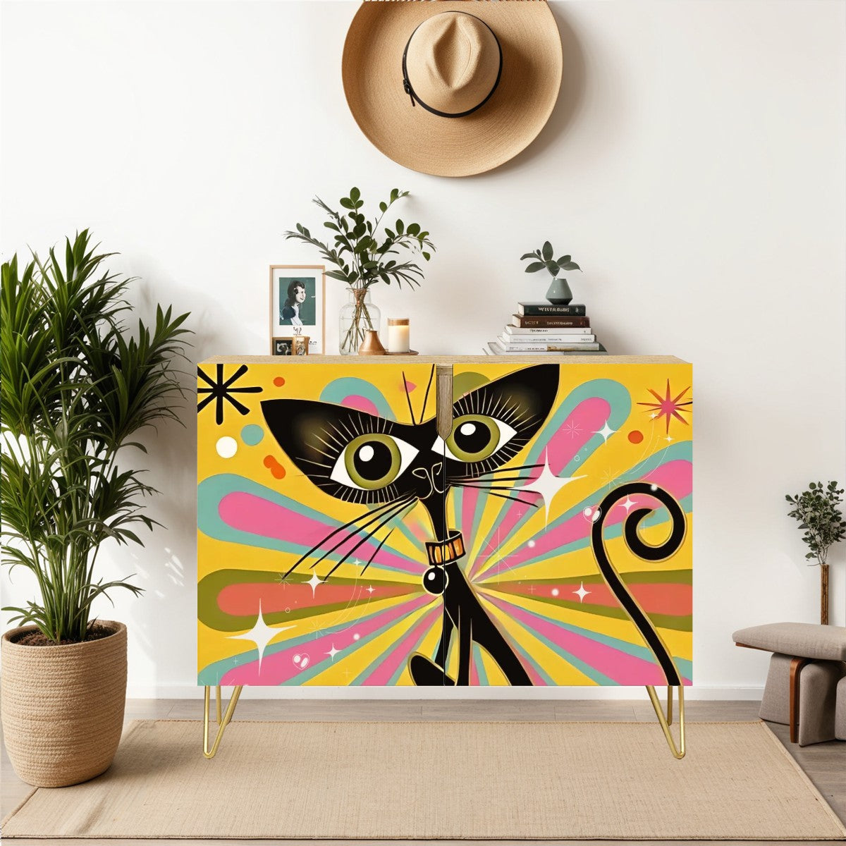Space Age Atomic Cat, Quirky Funky Mid Mod Credenza Side Board Wooden Storage Cabinet - Mid Century Modern Gal