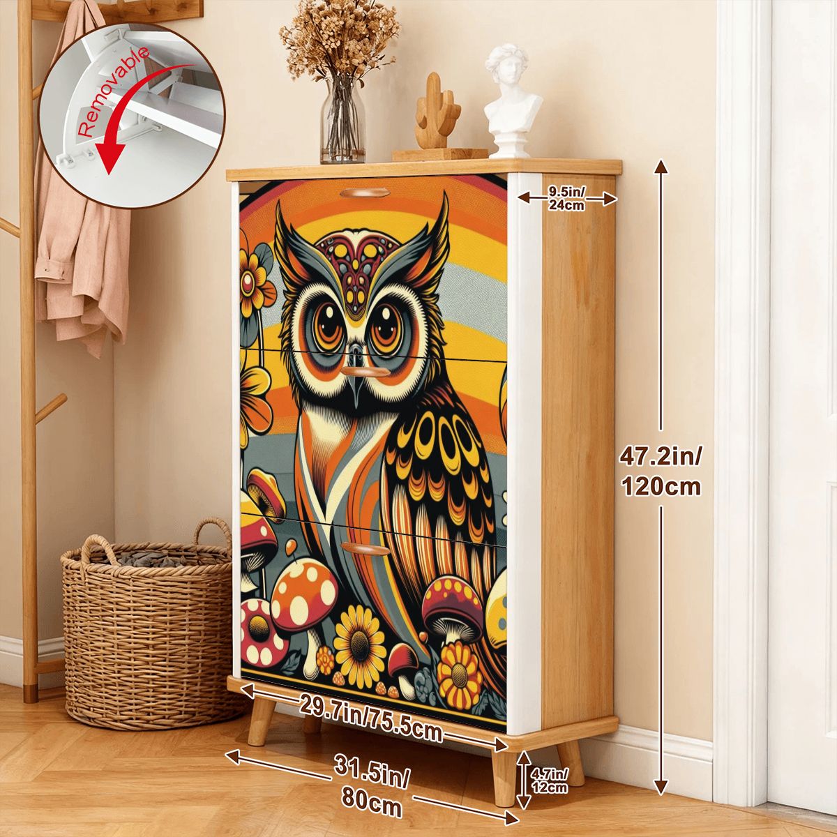 1970s Owl Decor, Mushroom And Floral, Groovy Mid Mod Shoe Storage Cabinet - Mid Century Modern Gal