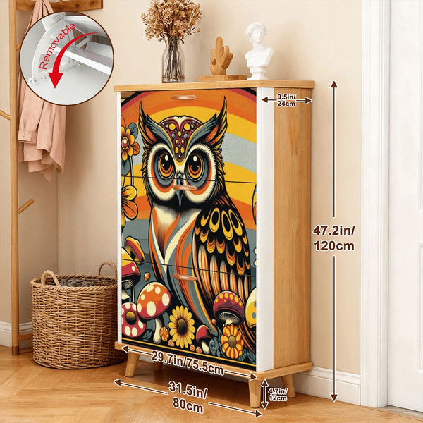 1970s Owl Decor, Mushroom And Floral, Groovy Mid Mod Shoe Storage Cabinet