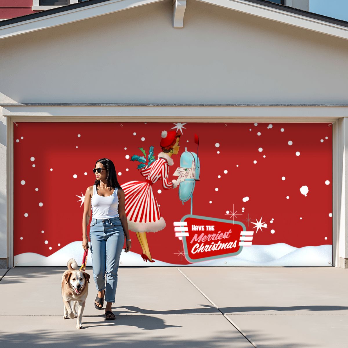 Mid Century Modern 50s Gal, Kitschy Holiday Red Christmas Garage Door Banner Backdrop - Mid Century Modern Gal