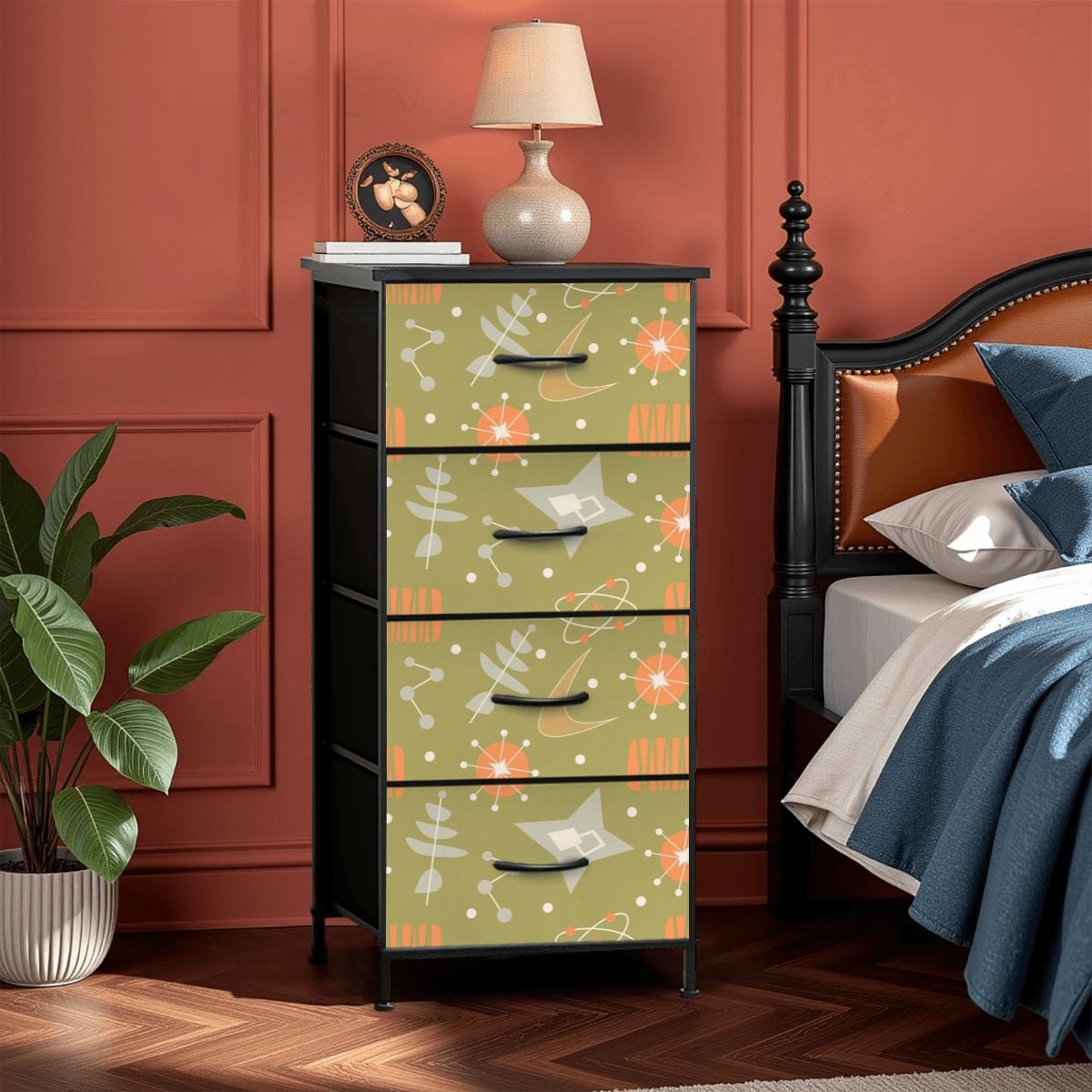 Atomic Starburst Green Orange Boomerang Space Age MCM 4-Drawer Dresser - Mid Century Modern Gal