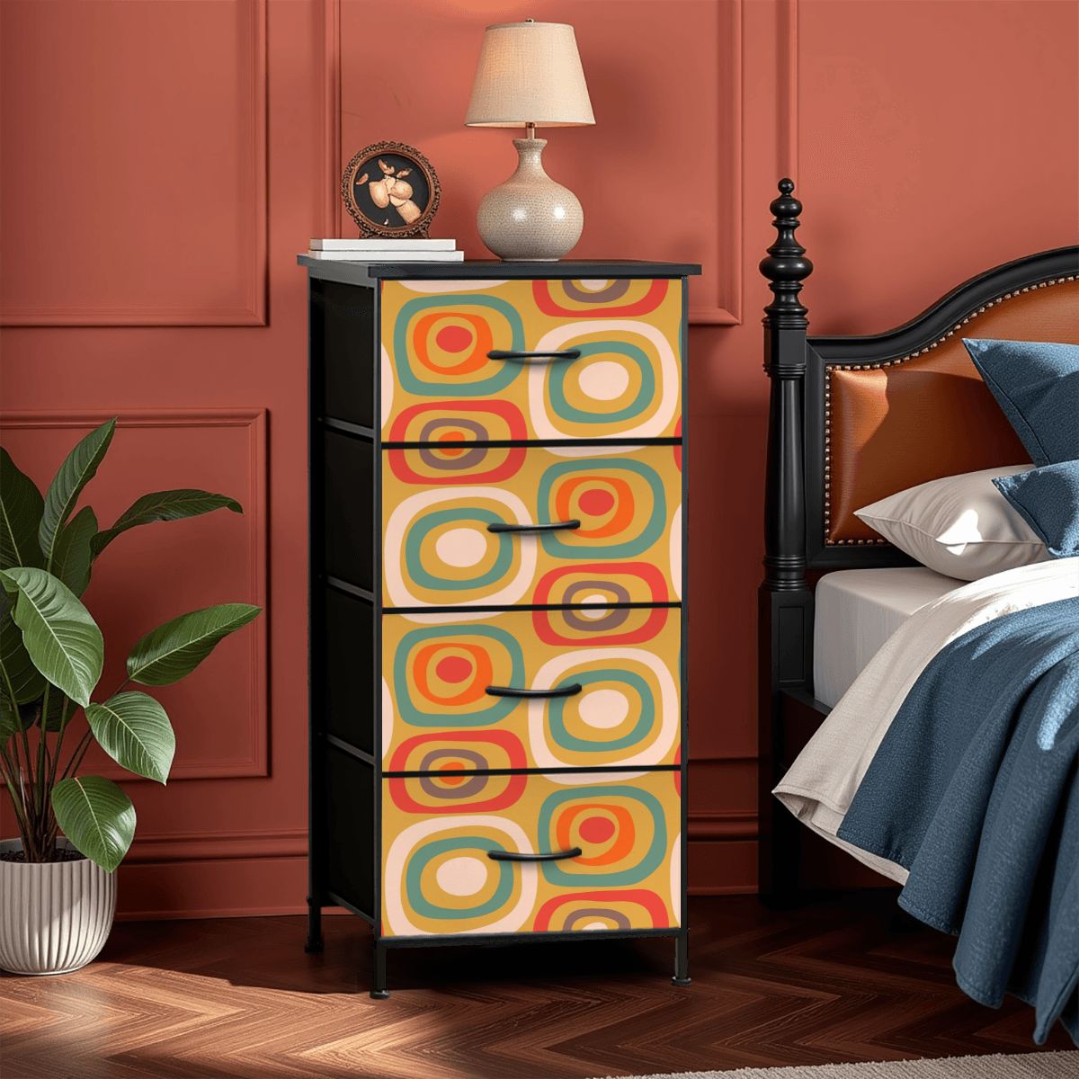 Mid Century Modern Geometric Design Orange Green Retro Designed 4-Drawer Dresser - Mid Century Modern Gal