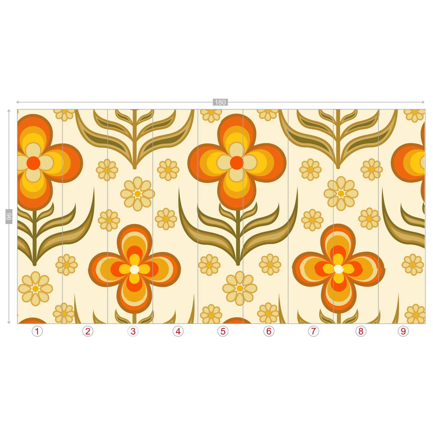 Flower Power, Scandinavian Floral Wallpaper, Peel And Stick Orange, Yellow Green Wall Mural