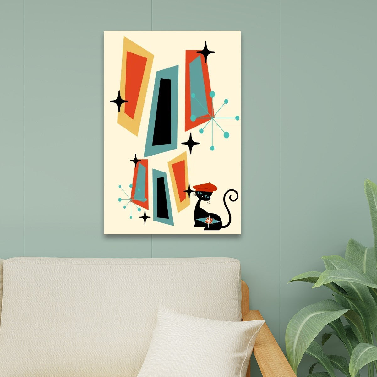 Mid Century Modern Atomic Cat Wall Art, Geometric Mod Canvas - Mid Century Modern Gal