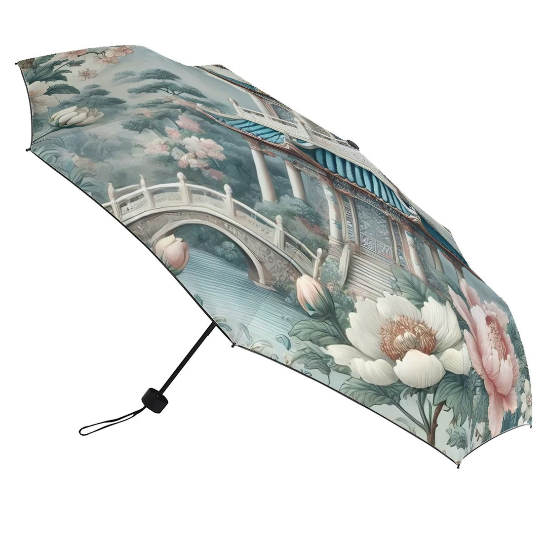 Chinoiserie Pagoda Blue Floral Parasol UV Protection Umbrella - Mid Century Modern Gal