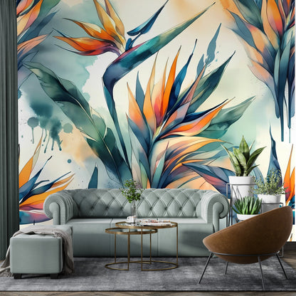 Birds Of Paradise Tropical Polynesian Watercolor Wall Murals - Mid Century Modern Gal