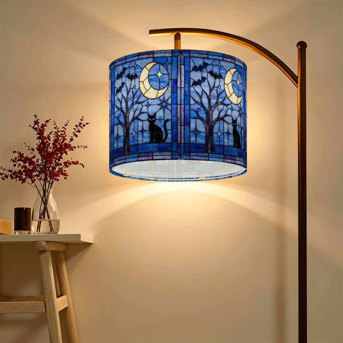 Halloween Stained Glass Style Night Sky Black Cat Lamp SHADE ONLY - For Arc Floor Lamps Only