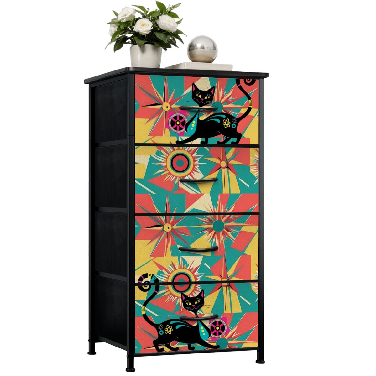 Mid Century Modern Atomic Cat, Coral, Yellow, Teal Mod Retro Funky 4-Drawer Dresser - Mid Century Modern Gal