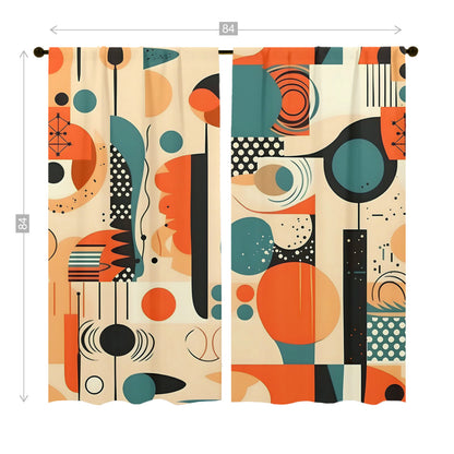 Mid Century Geometric Abstract Orange, Teal, Black Cream Bauhaus Designed Window Curtains (two panels)