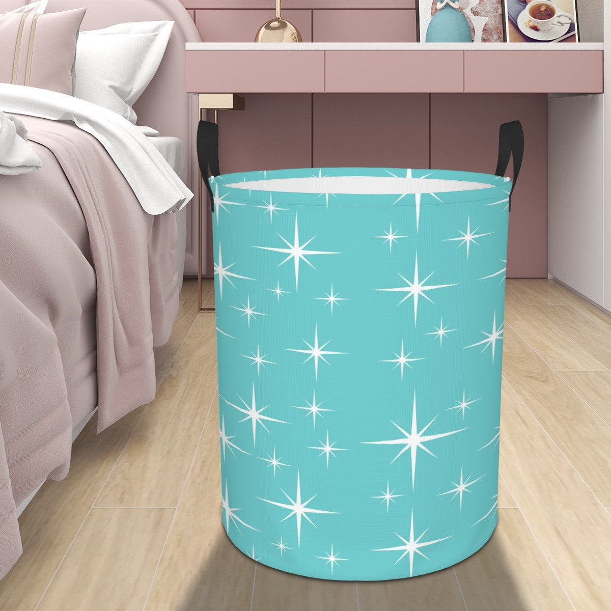 Mid Century Modern Starburst Aqua Circular Laundry Basket