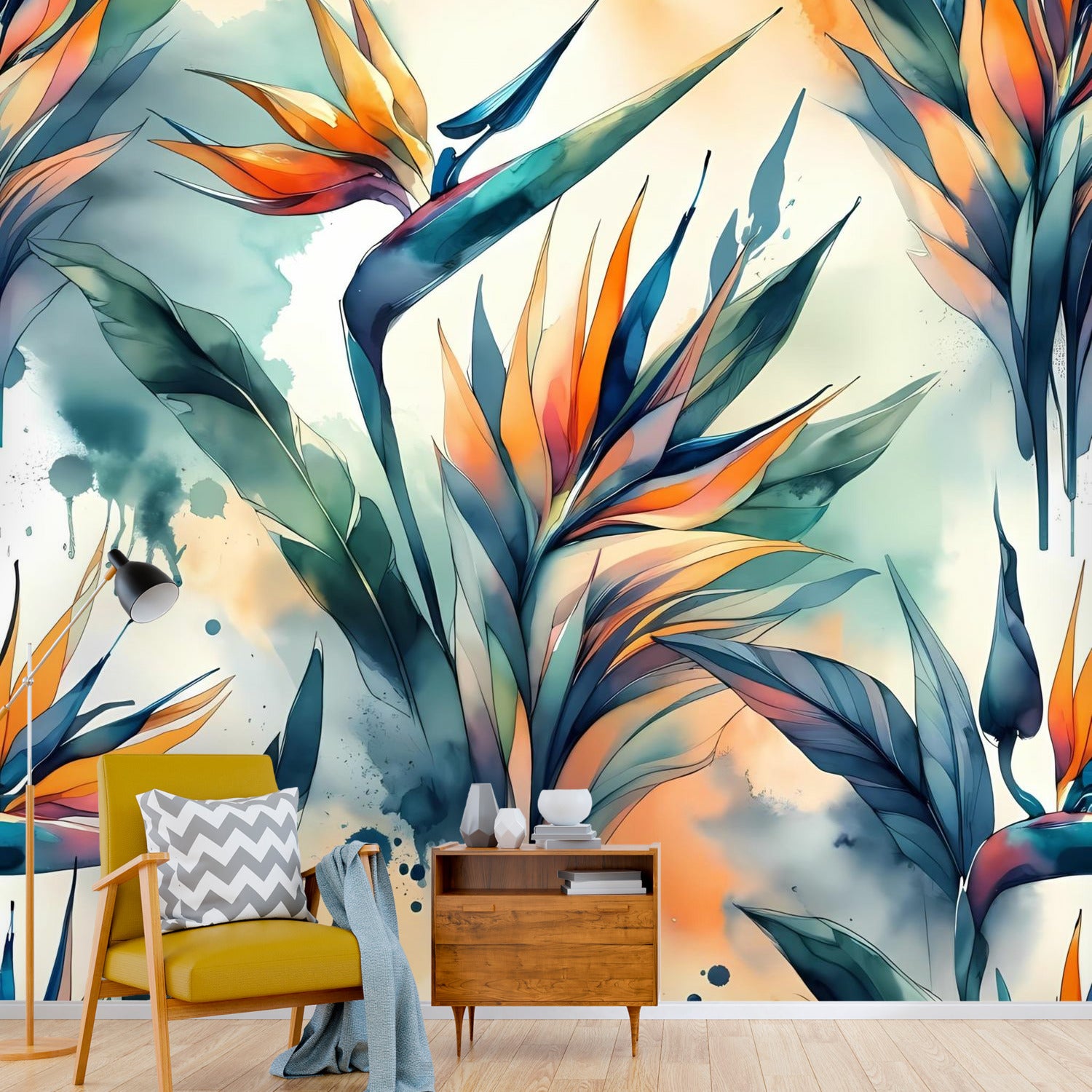 Birds Of Paradise Tropical Polynesian Watercolor Wall Murals - Mid Century Modern Gal