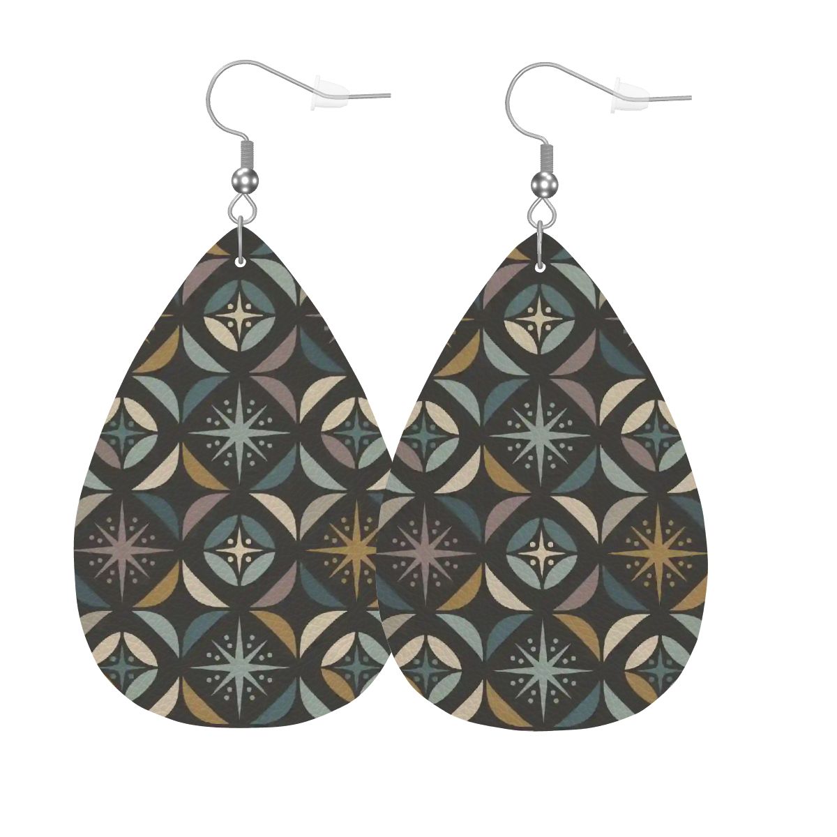 Mid Century Modern Elegant Gray Geometric Starburst  Vegan Leather Teardrop Earrings - Mid Century Modern Gal