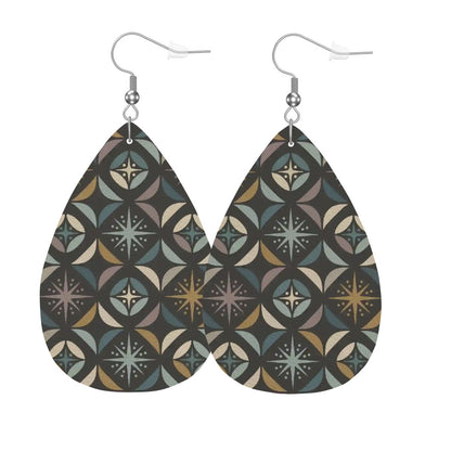 Mid Century Modern Elegant Gray Geometric Starburst  Vegan Leather Teardrop Earrings - Mid Century Modern Gal