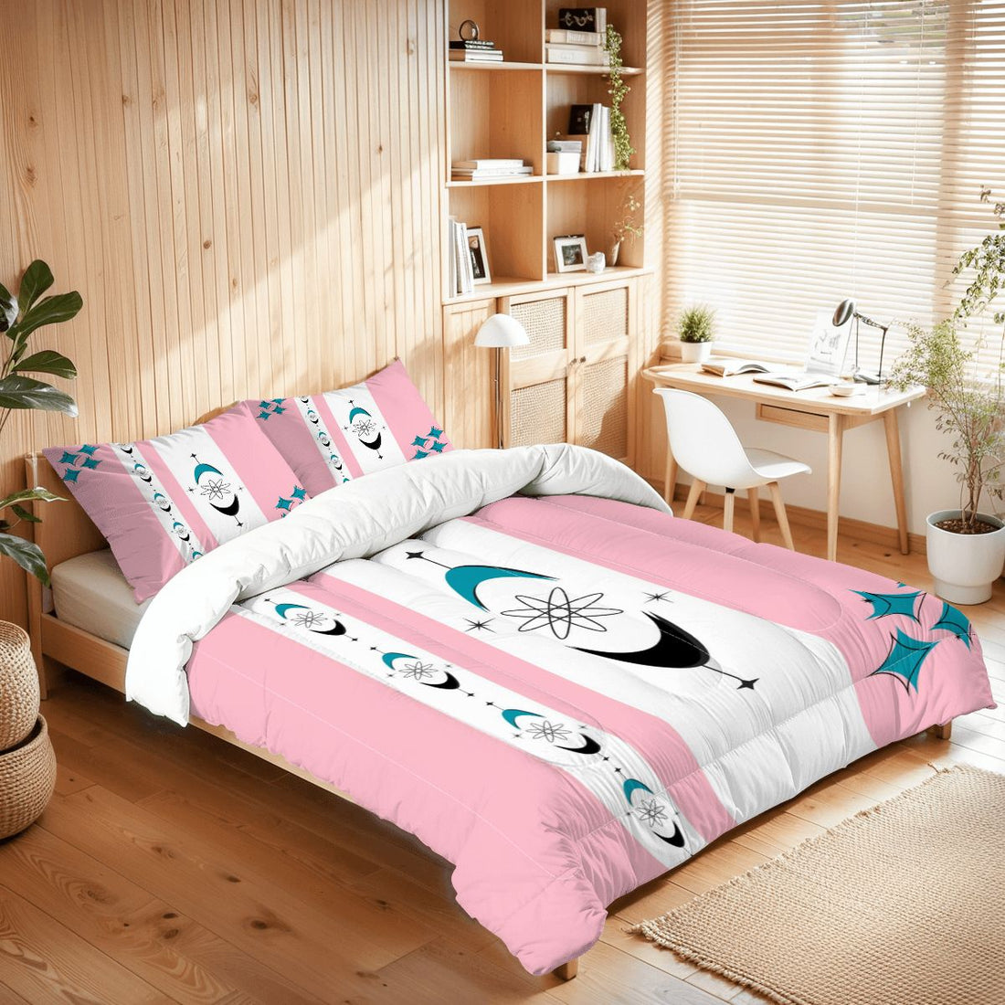 Mid Century Modern Atomic Pink Starburst Retro Mod Queen Comforter Set - Mid Century Modern Gal