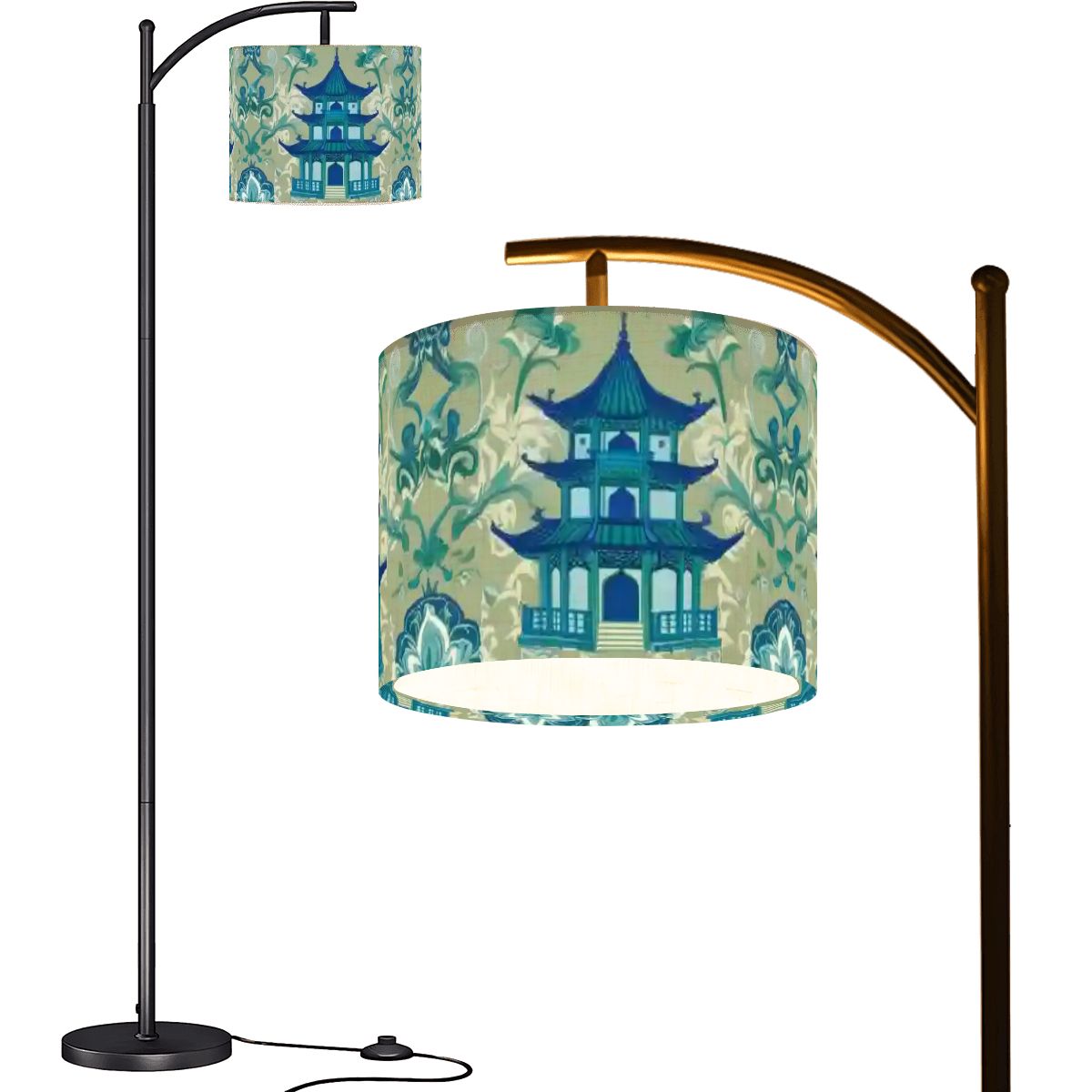 Chinoiserie Pagoda Lamp, Blue, Green Floral Designed Arc Floor Lamp - Mid Century Modern Gal