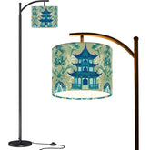 Chinoiserie Pagoda Lamp, Blue, Green Floral Designed Arc Floor Lamp - Mid Century Modern Gal