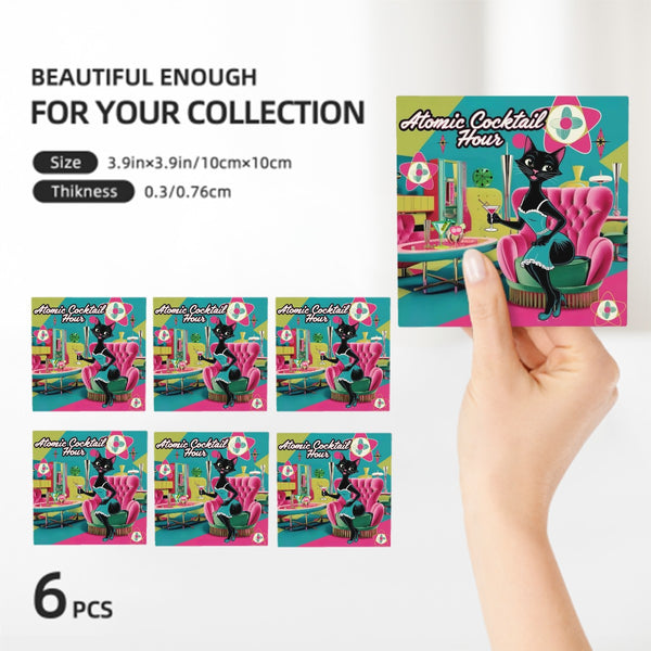 Atomic Cocktail Hour, Mid Century Modern Kitschy Hot Pink, Teal MCM Barware Square Ceramic Coasters Set of 6